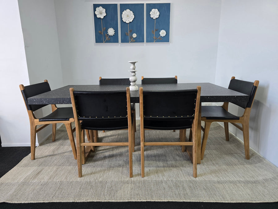 2.0 eTerrazzo Rectangular Rich Umber Dining Table with 6 Black Leather / Teak chairs