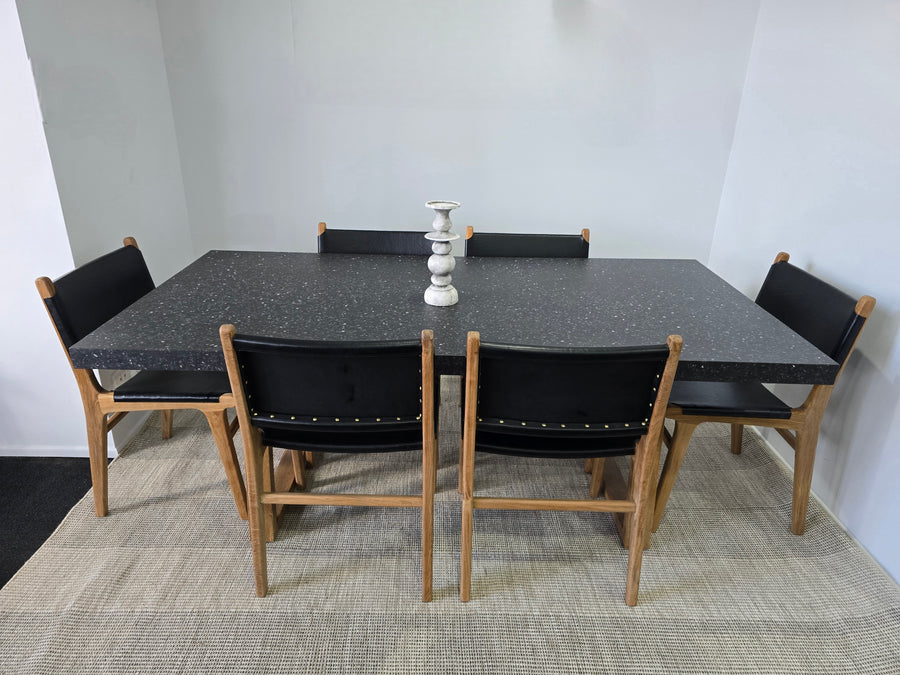 2.0 eTerrazzo Rectangular Rich Umber Dining Table with 6 Black Leather / Teak chairs