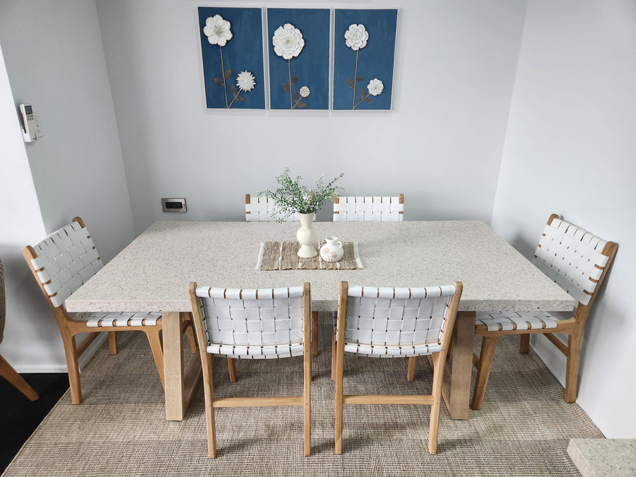 2.0m Dining suite| Ivory coast eTerrazzo Dining Table with 6 White leather chairs