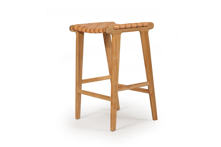 Witta Leather Saddle Stool - Woven Peach Leather on Teak Frame